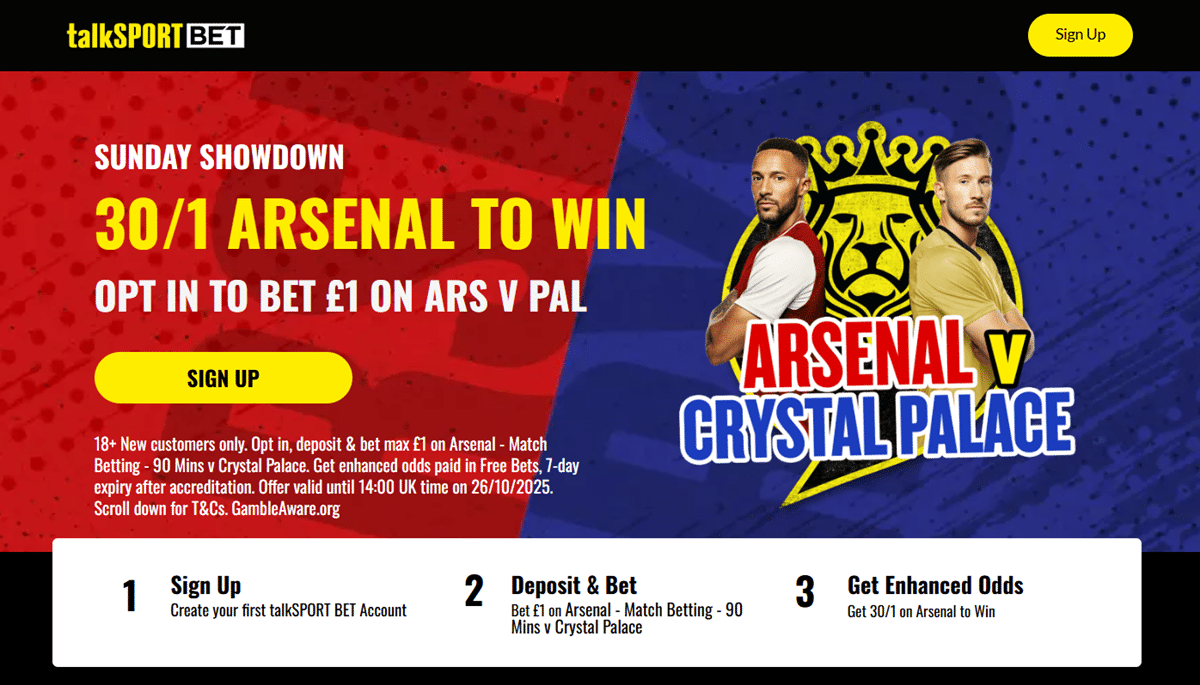 TalkSport Bet Arsenal vs Crystal Palace promo offer