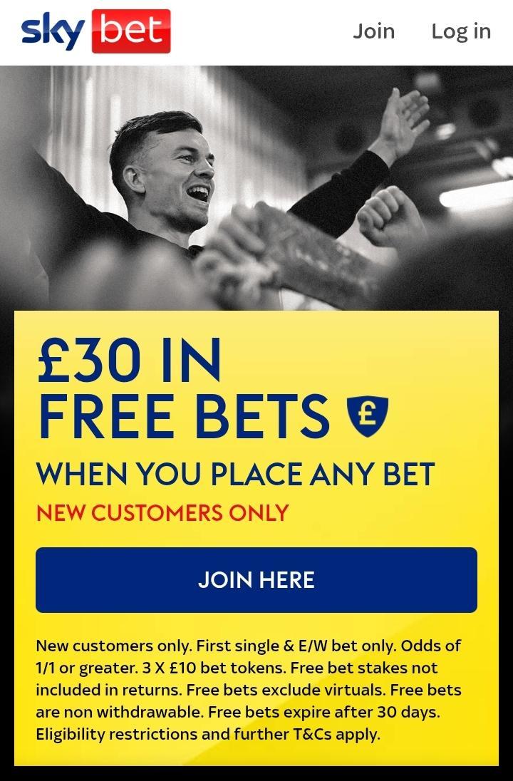 skybet welcome offer, Get £30 in free bets