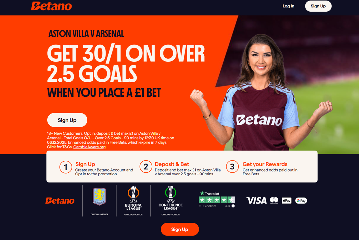Aston Villa vs Arsenal Betano promo offer