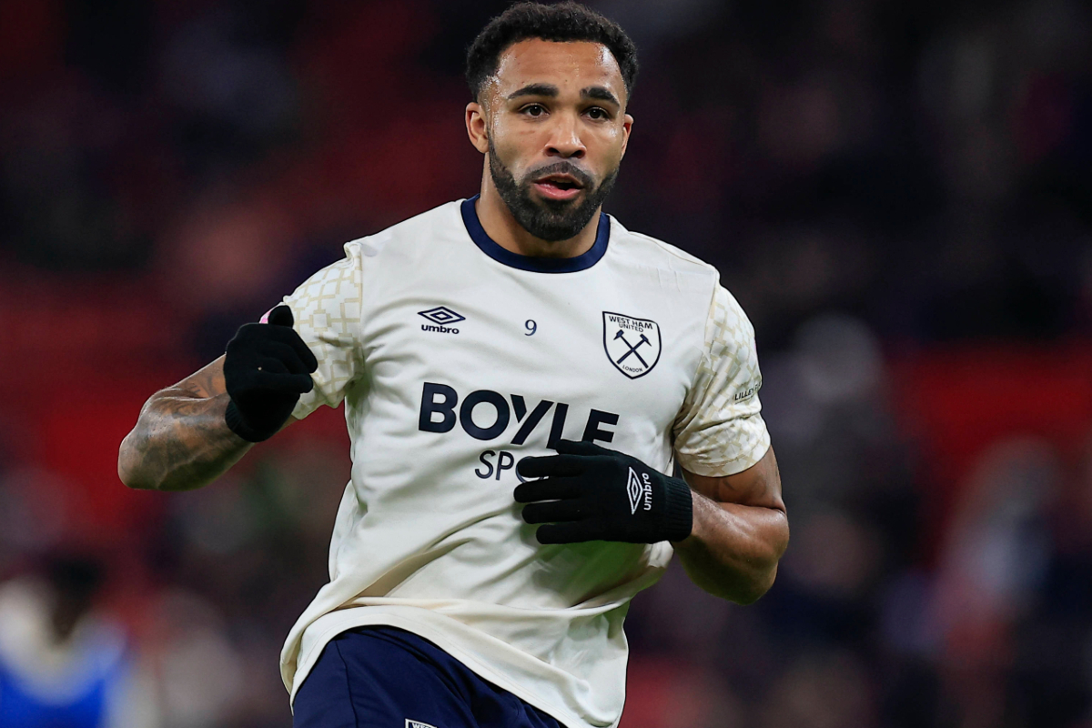 Callum Wilson, West Ham United striker, wearing the white away kit. 