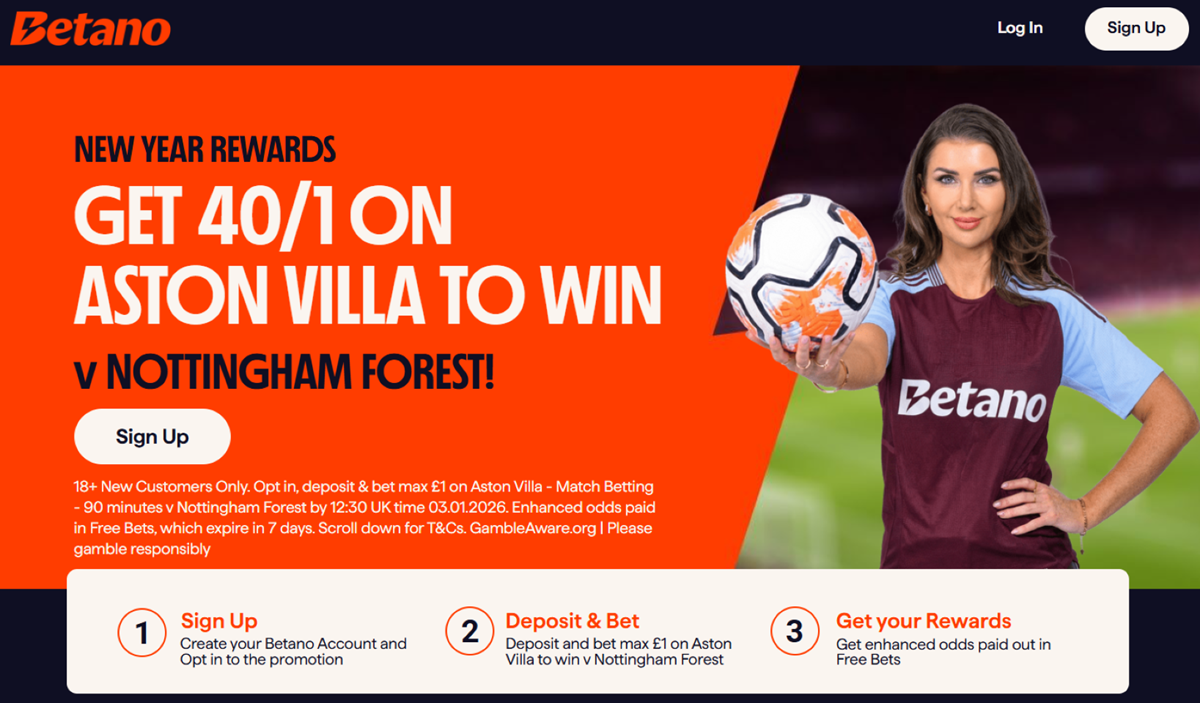 Betano promo offer for Aston Villa vs Nottingham Forest