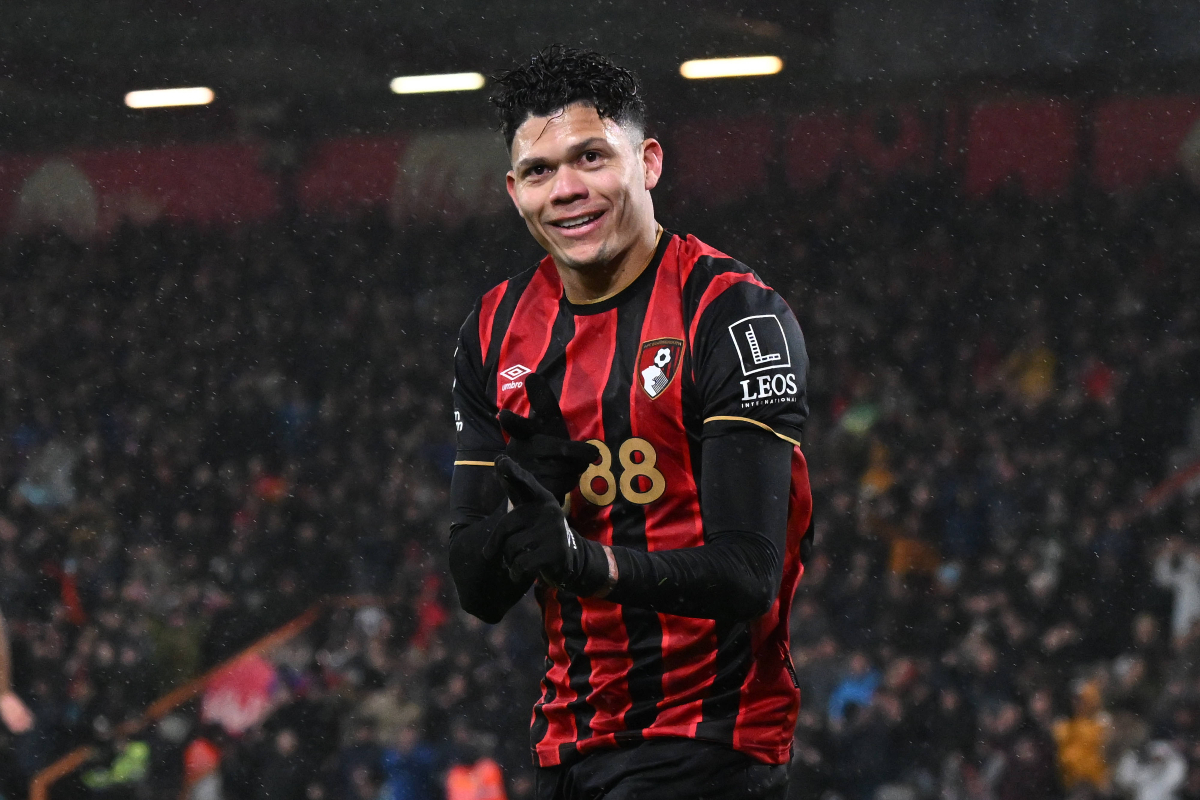 Evanilson of Bournemouth celebrates a goal. 