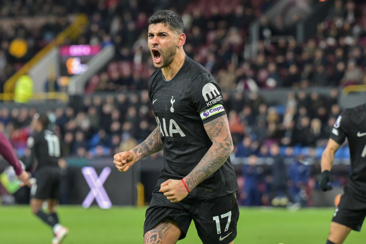 Tottenham captain Cristian Romero celebrates scoring the equaliser against Burnley. 