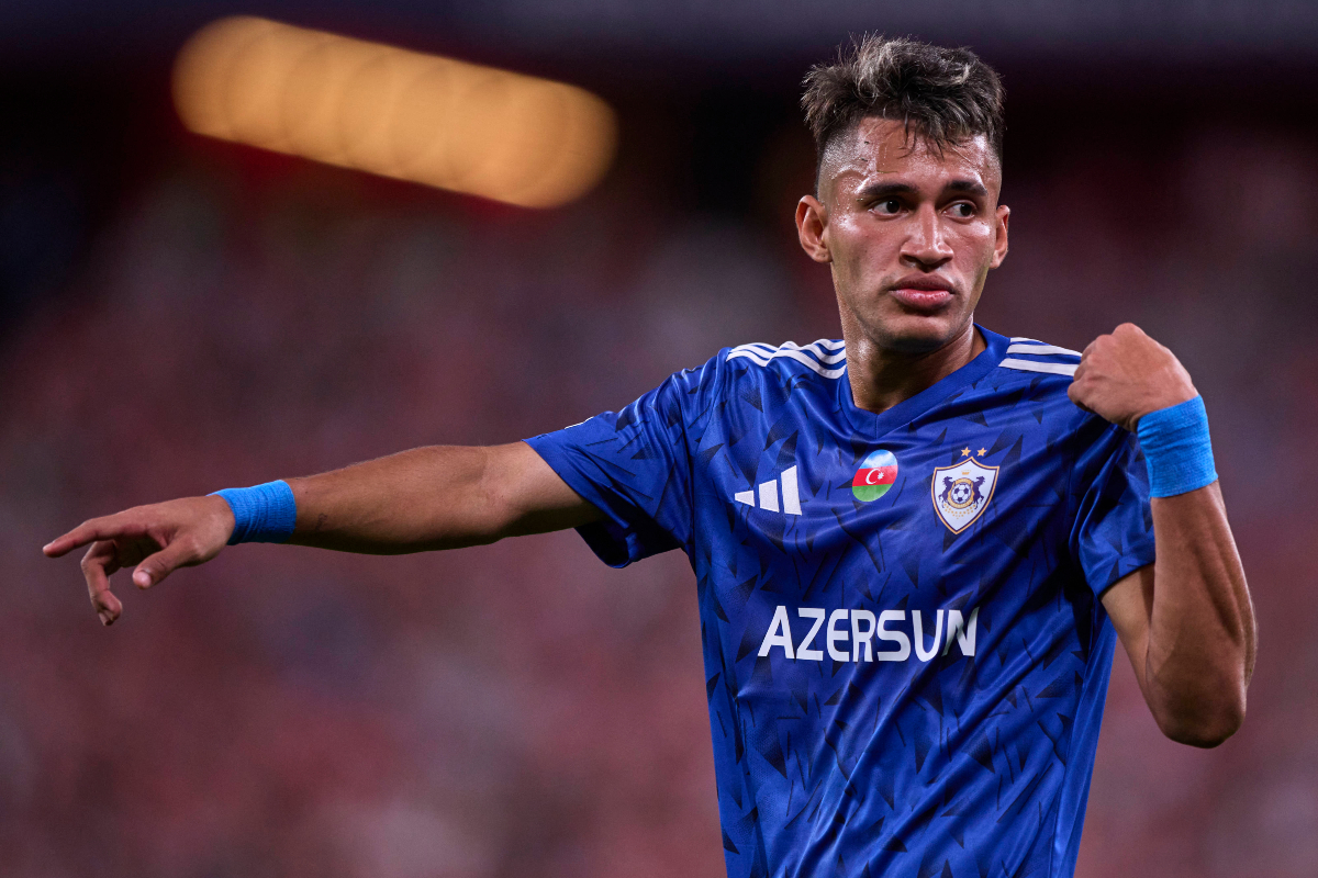 Camilo Duran of FK Qarabag, wearing the blue home kit. 