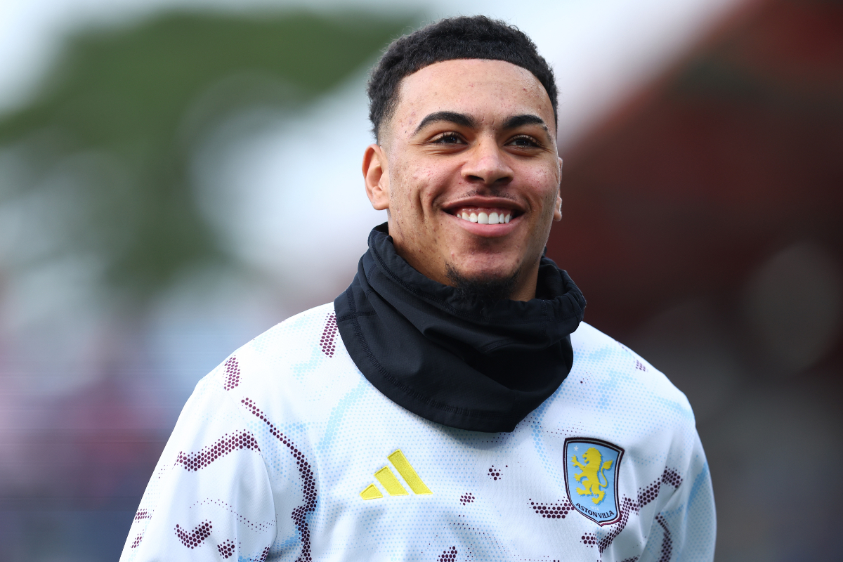 Aston Villa midfielder Morgan Rogers warms up before a Premier League game against Bournemouth