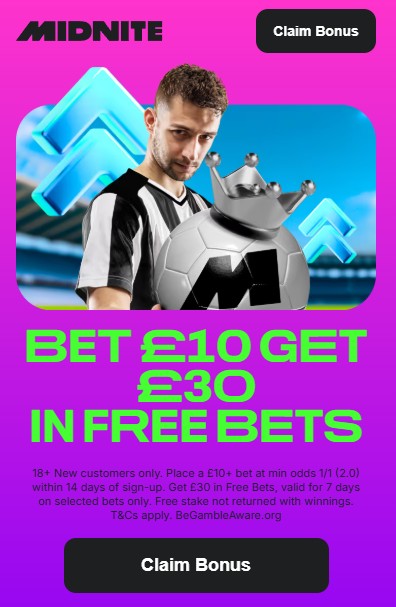 midnite world cup welcome offer: bet £10 get £30 in free bets