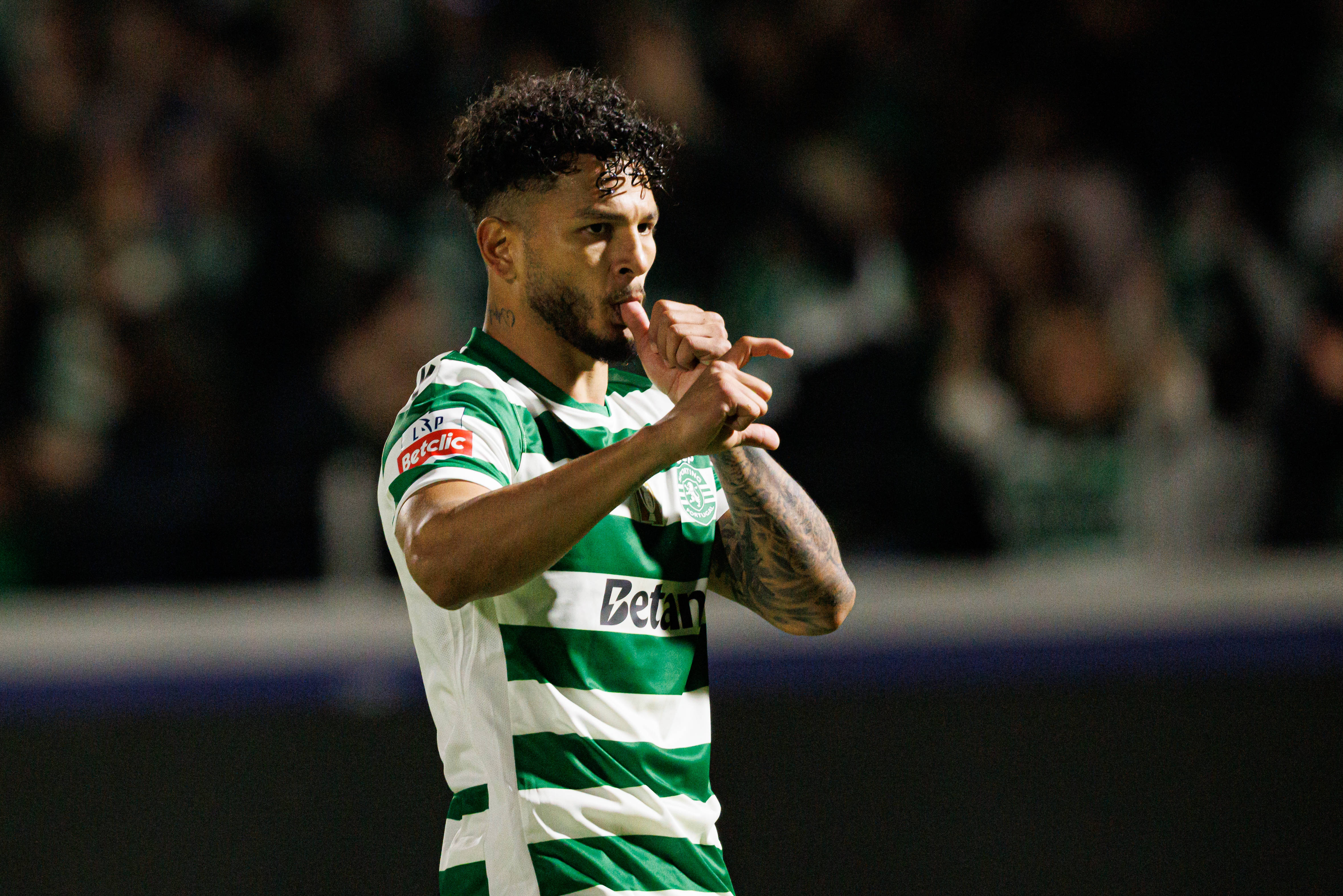 Luis Suarez seen celebrating after scoring goal for Sporting CP 