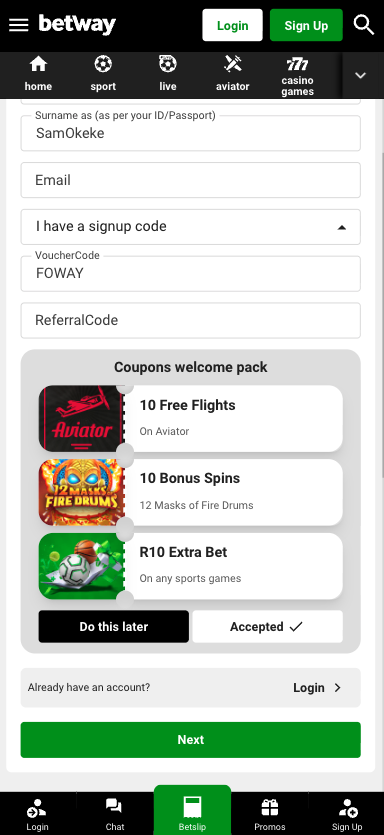 Accepting Betway Sign Up Offer