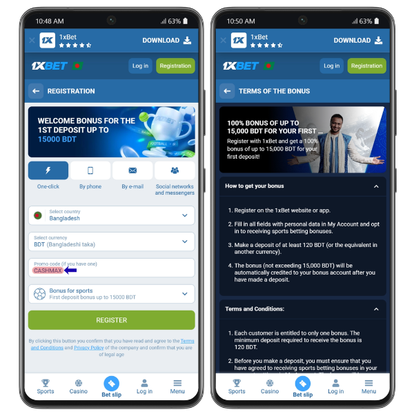 This image displays the 1xBet Bangladesh sign-up form with a promo code CASHMAX already entered.
