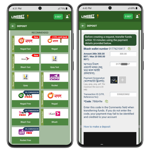 This image shows several payment methods to deposit funds into your Linebet Bangladesh account and guides you through the process.