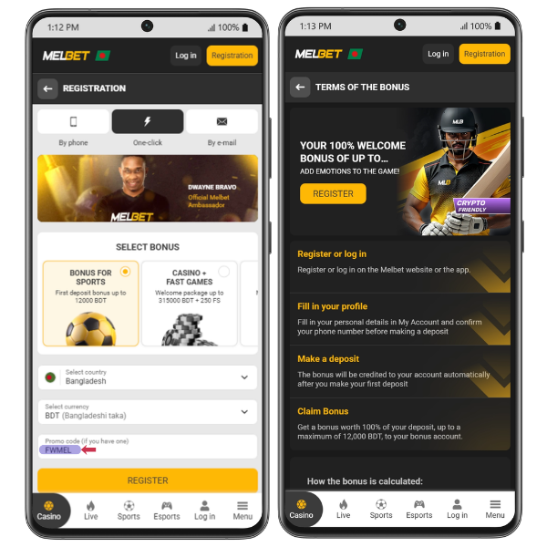 This image displays the Melbet Bangladesh sign-up form with a promo code FWMEL already entered.