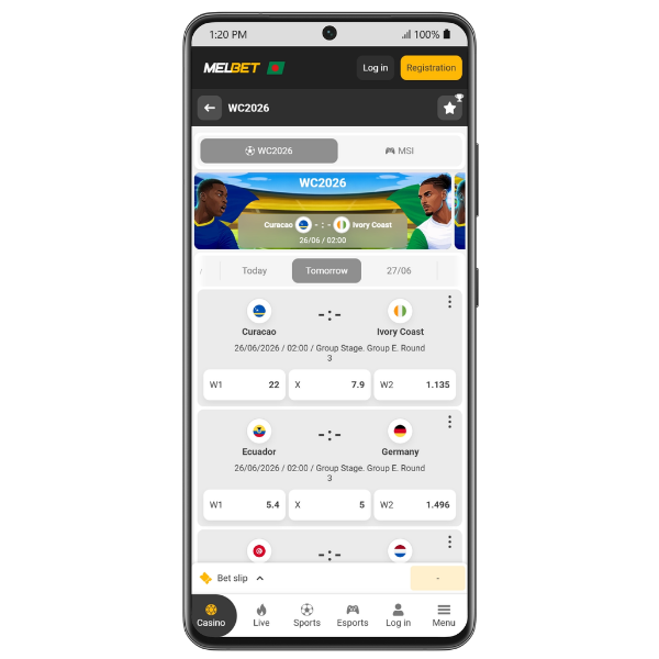 An image showing the world cup fixtures on Melbet