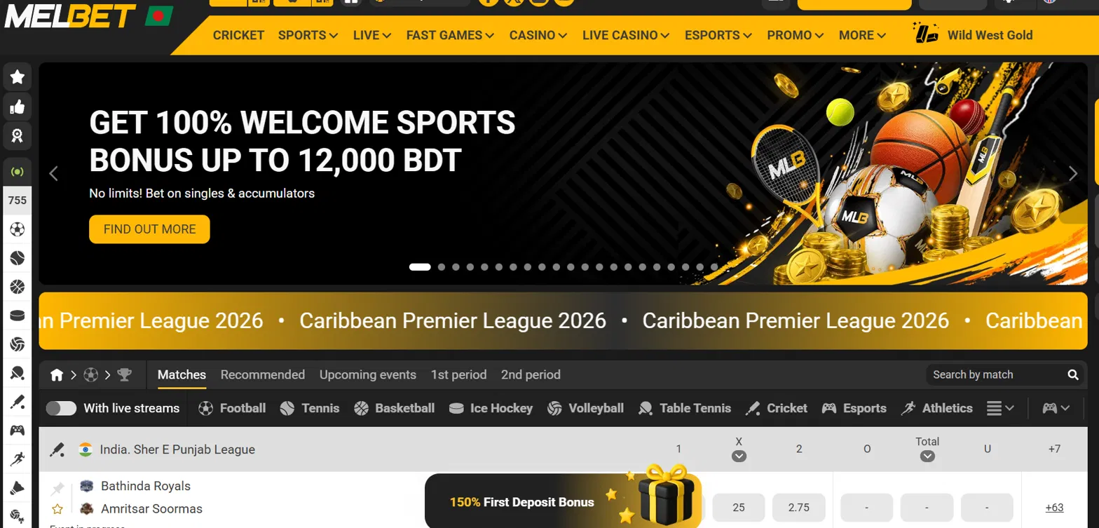 Melbet Bangladesh sportsbook showing its 100% welcome sports bonus up to ৳12,000
