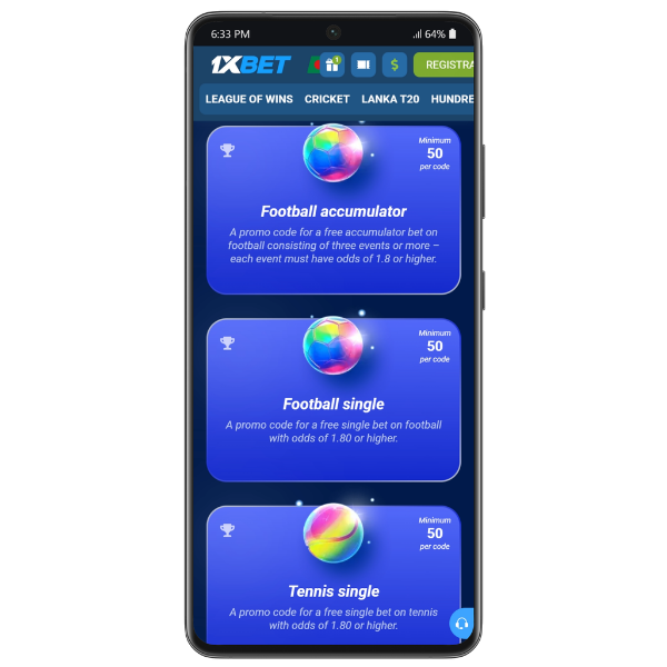 An image showing the different types of promo codes you can buy on the 1xBet promo code store