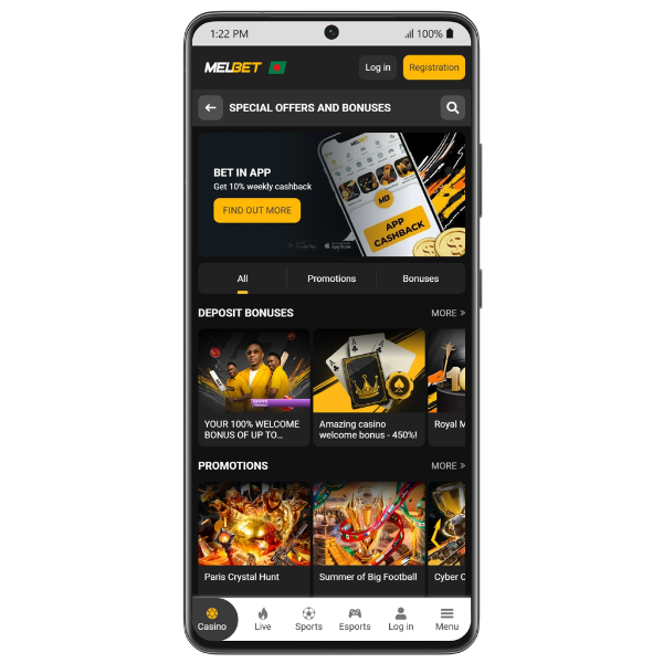 An image showing the promo offers on Melbet including the app only cashback offer