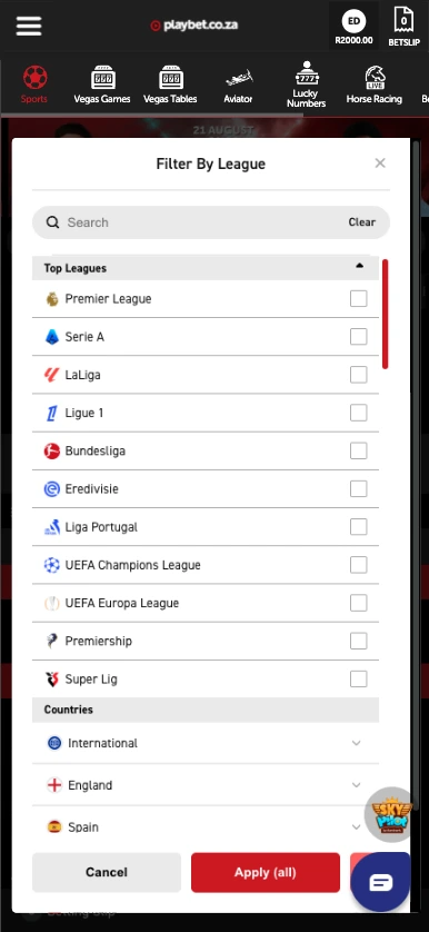 Playbet League Filter