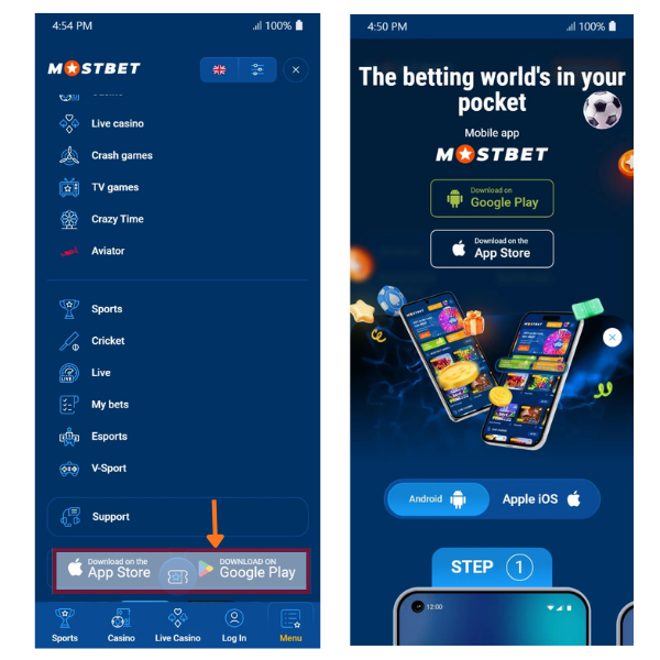 Screenshots of the Mostbet App Download process
