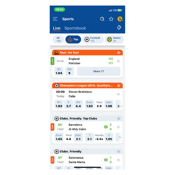An image showing live matches for betting on Mostbet BD App 