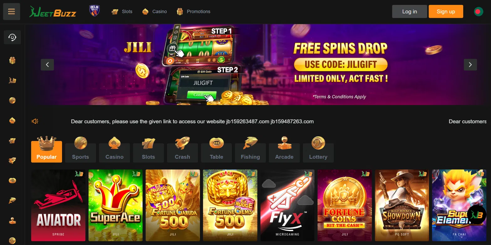 JeetBuzz Bangladesh casino showing slots, live casino games, and promotional offers