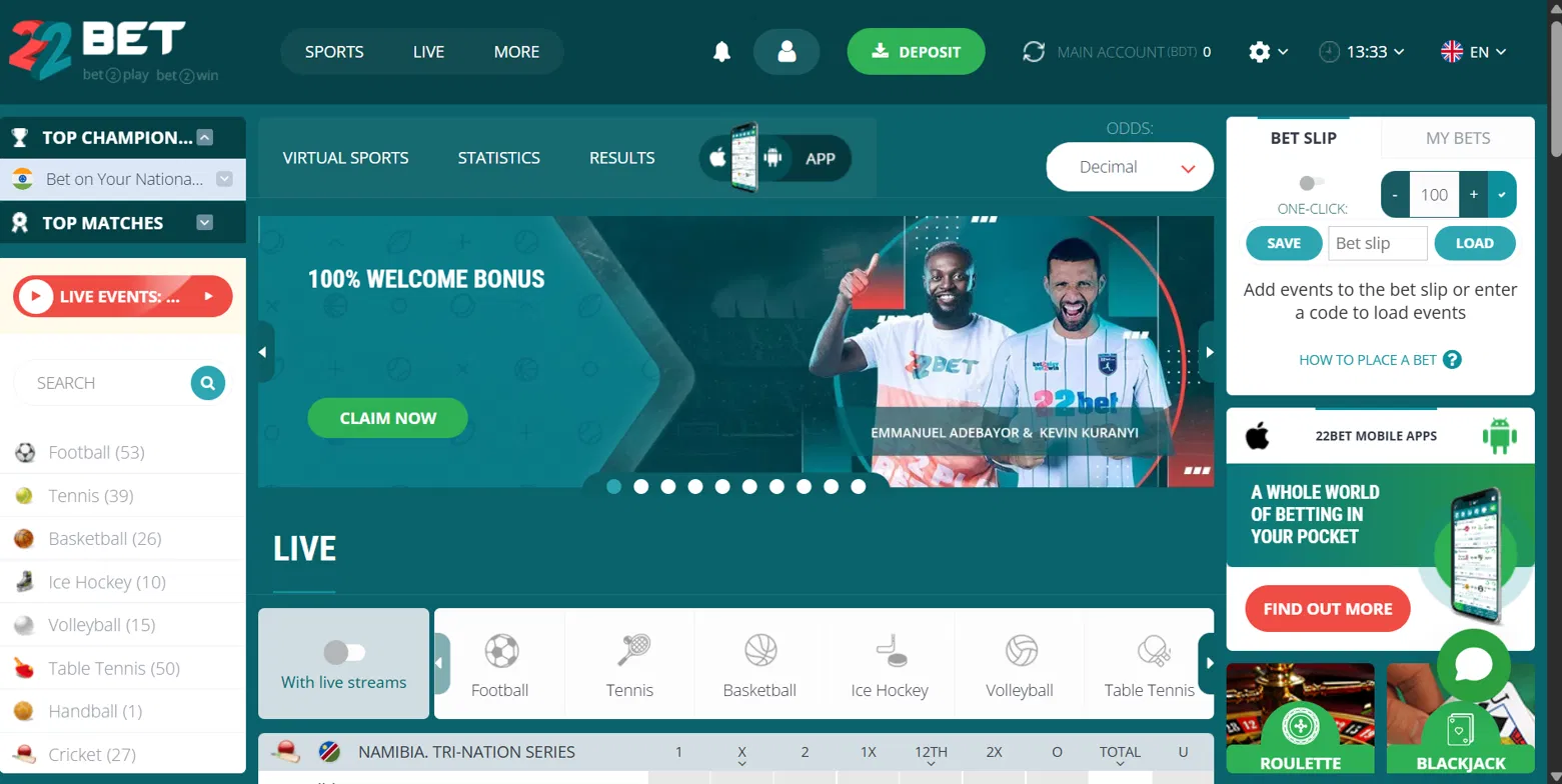 22Bet Bangladesh sportsbook showing live betting markets, welcome bonus, and bet slip