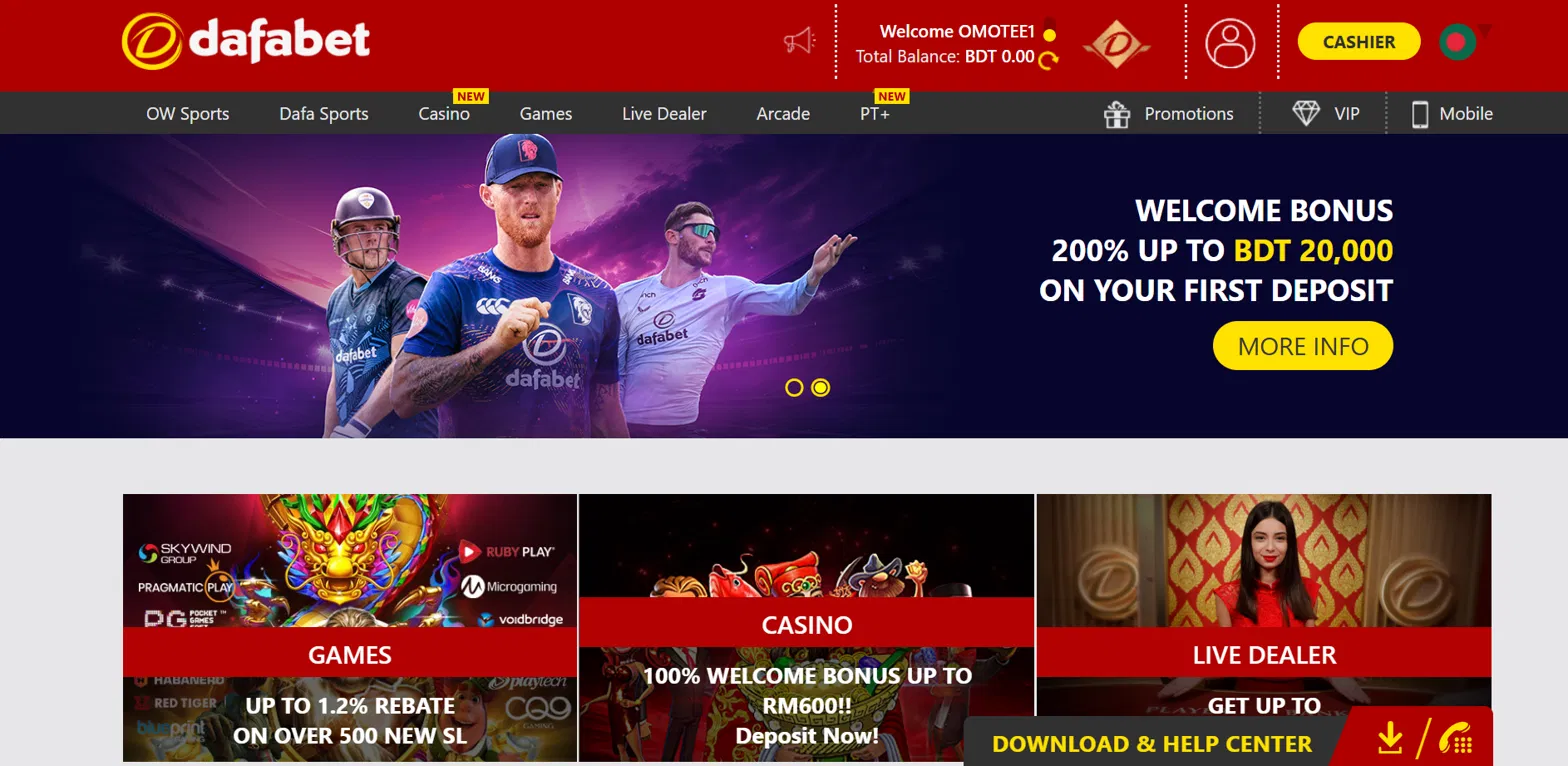 Dafabet Bangladesh homepage showing its welcome bonus, sports betting, casino, and live dealer sections
