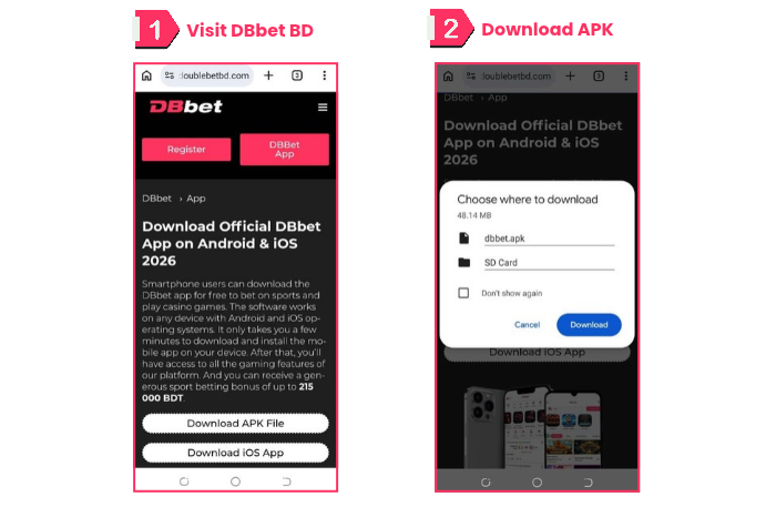 An image showing two key steps of the DBbet App download process