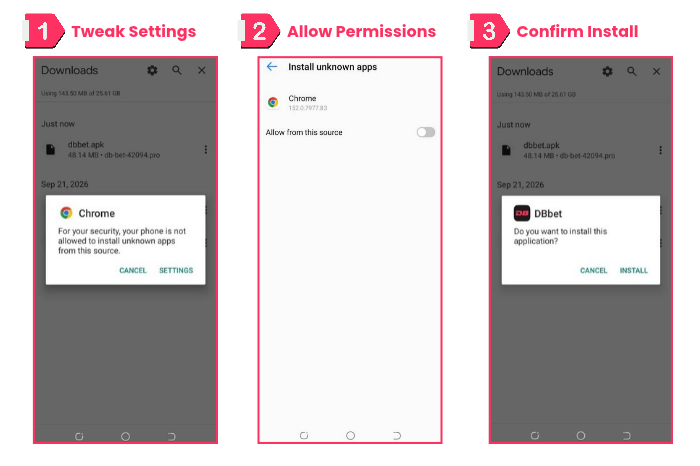 An image showing some key steps as part of the DBbet APK download and installation process