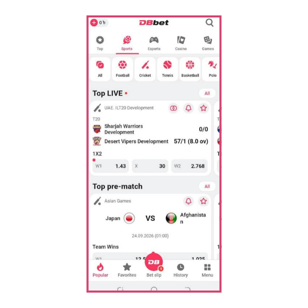 An image showing the user interface of the DBbet app