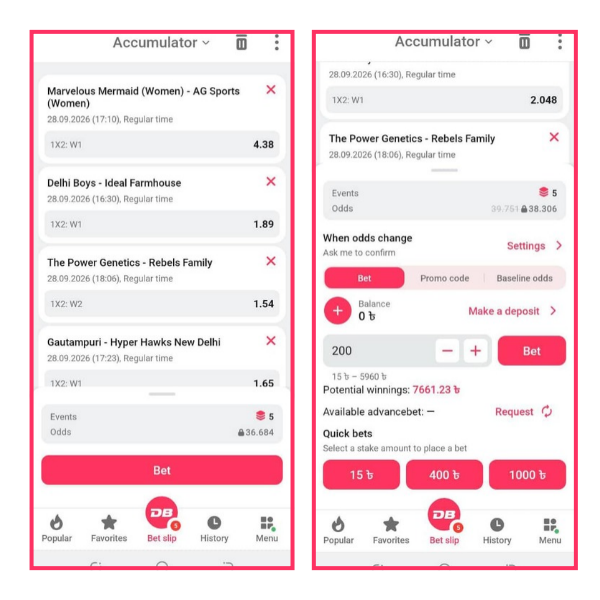 Images showing the bet slip with a few cricket markets and odds