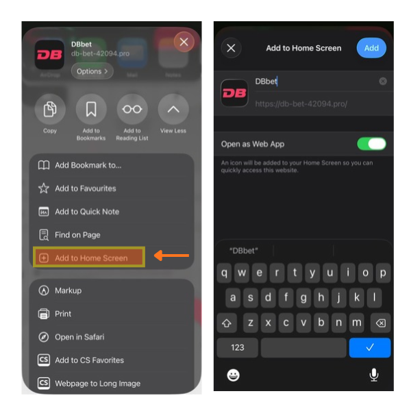 An image showing DBbet iOS shortcut being added to safari