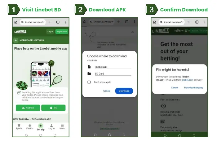 A bunch of images showing Linebet APK download screen including the Android download button 
