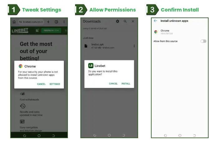 A bunch of images showing Chrome warning screen with &ldquo;Settings&rdquo; option for Android APK installation