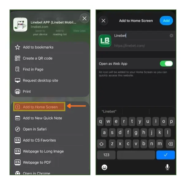 A couple of images showing how to add an iOS shortcut for Linebet BD app 
