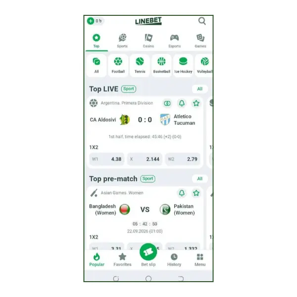 An image showing the live betting markets on Linebet App Bangladesh