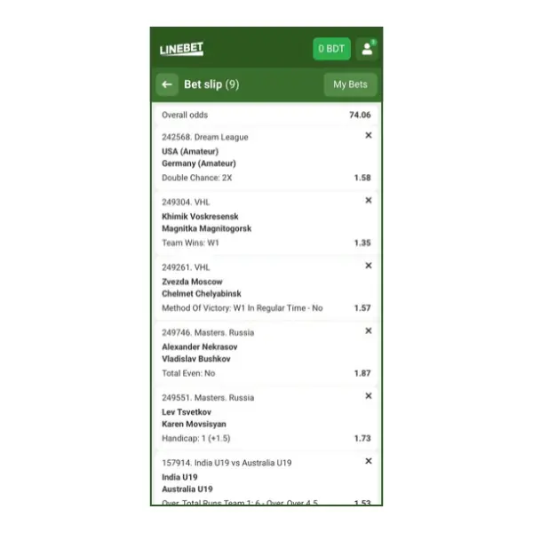An image showing Linebet app bet slip with 9 selections and overall odds of 74.06.