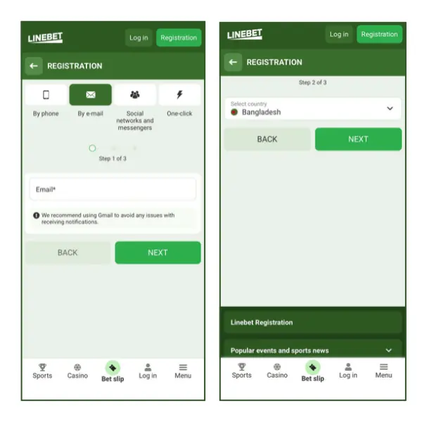 An image showing the sign up form on Linebet BD Android app
