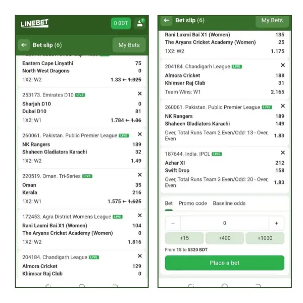 An image of the bet slip on Linebet mobile app showing the &ldquo;Place Bet&rdquo; button